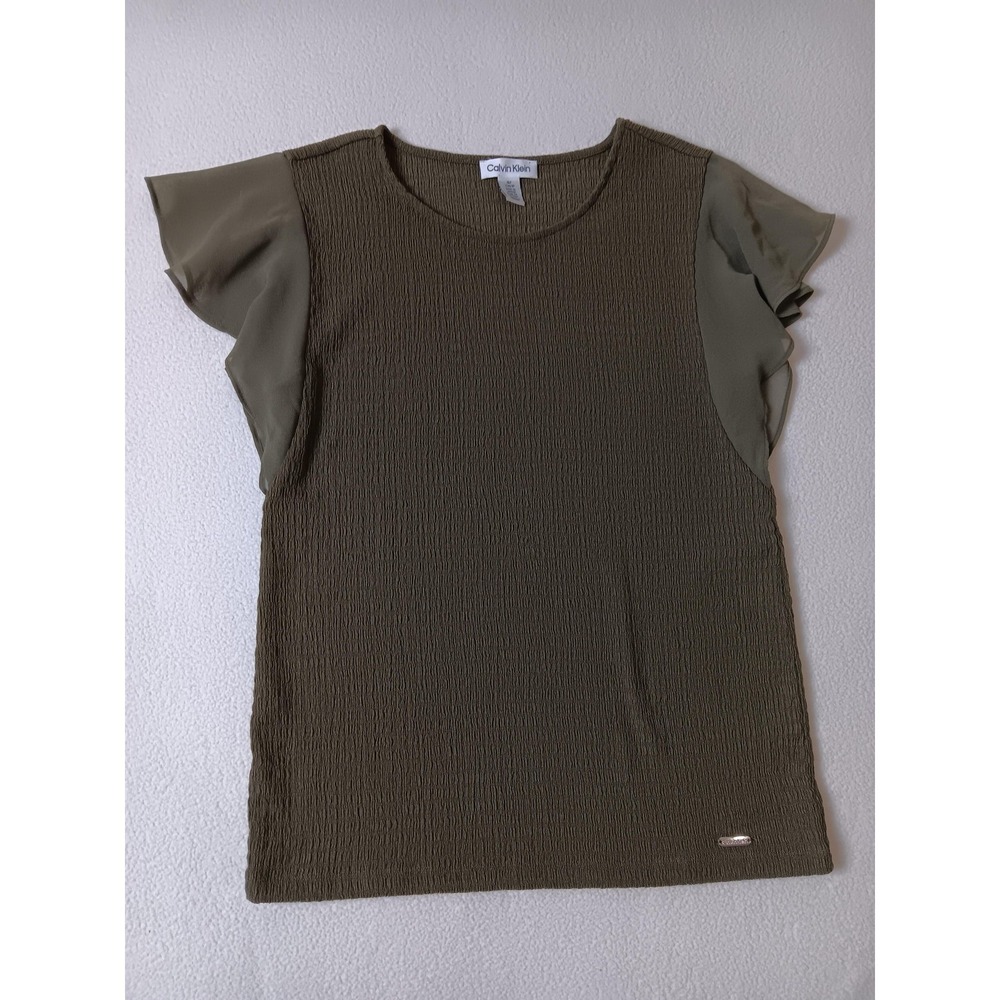 Calvin Klein Green Flutter Sleeve Blouse Womens Size S Ruffle Knit Polyester